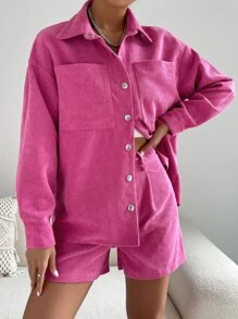 SHEIN Unity Drop Shoulder Pocket Patched Coat & Shorts - Hot Pink - View 4