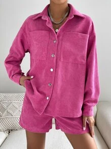 SHEIN Unity Drop Shoulder Pocket Patched Coat & Shorts - Hot Pink - View 5