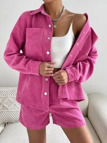 SHEIN Unity Drop Shoulder Pocket Patched Coat & Shorts - Hot Pink - View 6