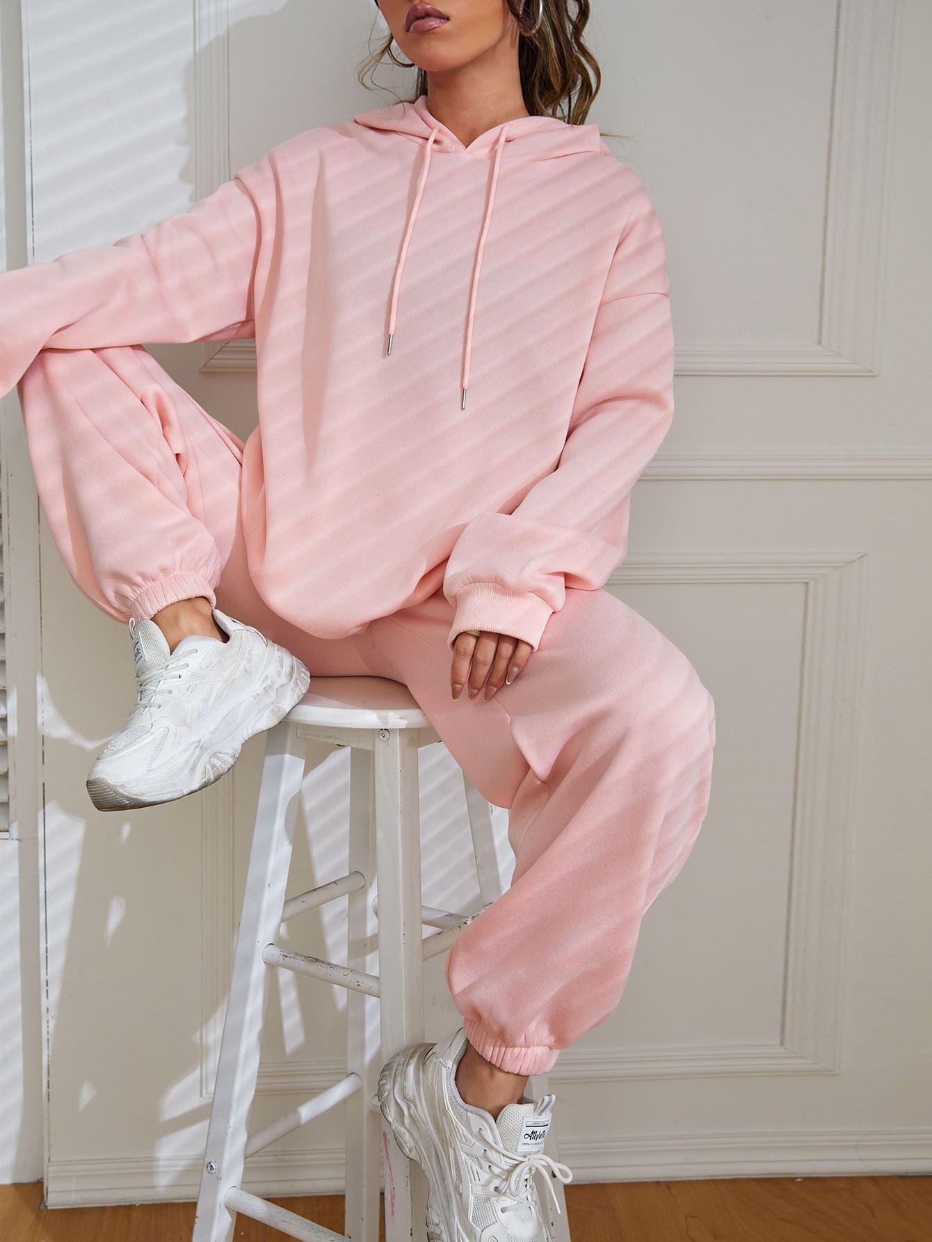 SHEIN EZwear Solid Drop Shoulder Drawstring Hoodie & Sweatpants - Baby Pink - View 1