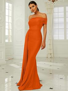 Missord 單肩褶邊側垂及地正式連衣裙 - 橘色 - 查看 6