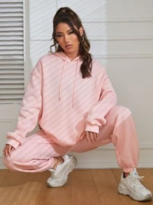 SHEIN EZwear Solid Drop Shoulder Drawstring Hoodie & Sweatpants - Baby Pink - View 3