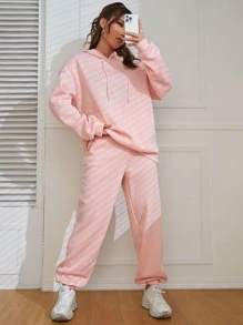 SHEIN EZwear Solid Drop Shoulder Drawstring Hoodie & Sweatpants - Baby Pink - View 4