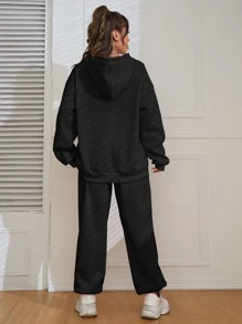 SHEIN EZwear Bộ đồ hai mảnh nữ Dây kéo màu trơn Giải trí - màu đen - Xem 2
