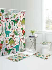 1pc Christmas Dinosaur Pattern Bath Rug Or Shower Curtain - Multicolor - View 1