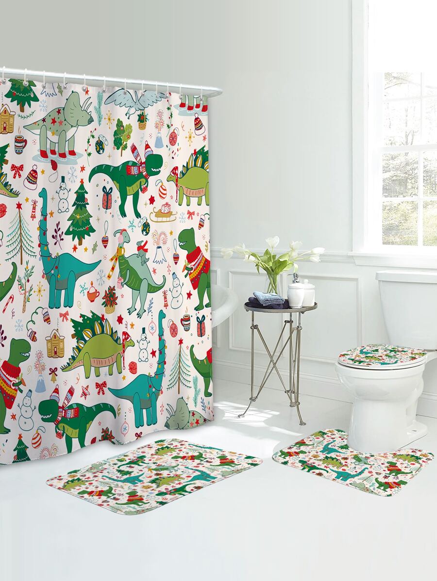 1pc Christmas Dinosaur Pattern Bath Rug Or Shower Curtain - Multicolor - View 1