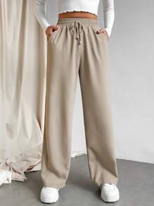 Muchica Knot Waist Slant Pocket Wide Leg Pants - Khaki - View 4
