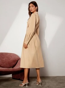 BizChic Lapel Neck Fold Pleated Shirt Dress