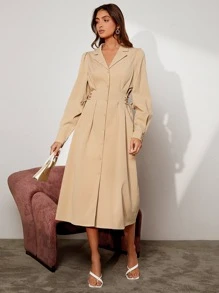BizChic Lapel Neck Fold Pleated Shirt Dress