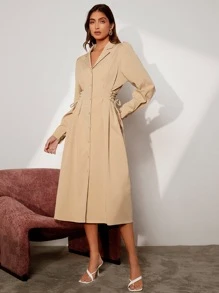 BizChic Lapel Neck Fold Pleated Shirt Dress