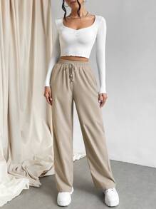 Muchica Knot Waist Slant Pocket Wide Leg Pants - Khaki - View 6