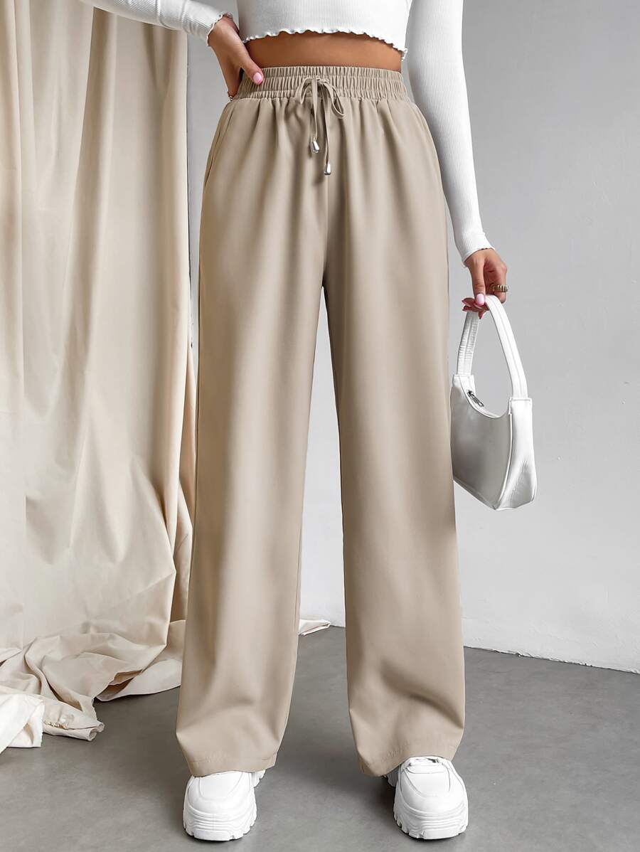 Muchica Knot Waist Slant Pocket Wide Leg Pants - Khaki - View 1
