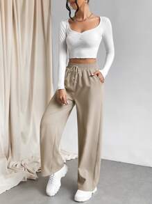 Muchica Knot Waist Slant Pocket Wide Leg Pants - Khaki - View 3
