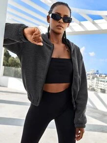 SHEIN Sports 防風變暖拉鏈開襟連帽運動夾克 - 深灰色 - 查看 1