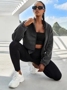 SHEIN Sports 防風變暖拉鏈開襟連帽運動夾克 - 深灰色 - 查看 3