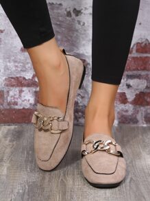 Suedette Chain Decor Flat Loafers - Khaki - View 1