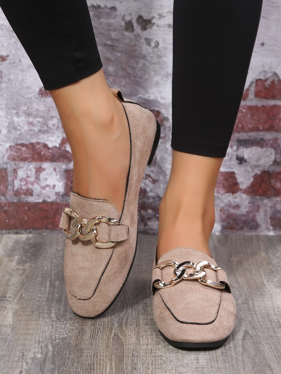 Suedette Chain Decor Flat Loafers - Khaki - View 1