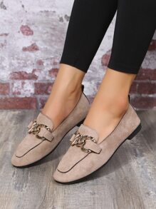 Suedette Chain Decor Flat Loafers - Khaki - View 2