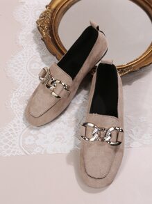 Suedette Chain Decor Flat Loafers - Khaki - View 4