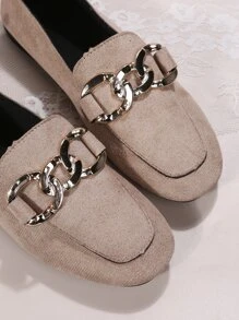 Suedette Chain Decor Flat Loafers - Khaki - View 6