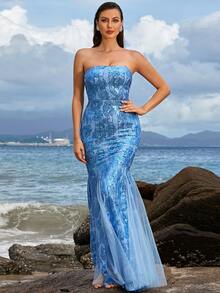 Missord Vestido tubo con patrón floral con lentejuelas con malla - Azul - Ver 3