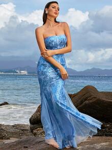 Missord Vestido tubo con patrón floral con lentejuelas con malla - Azul - Ver 4