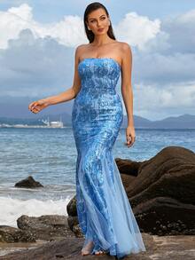 Missord Vestido tubo con patrón floral con lentejuelas con malla - Azul - Ver 5