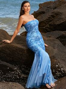 Missord Vestido tubo con patrón floral con lentejuelas con malla - Azul - Ver 1