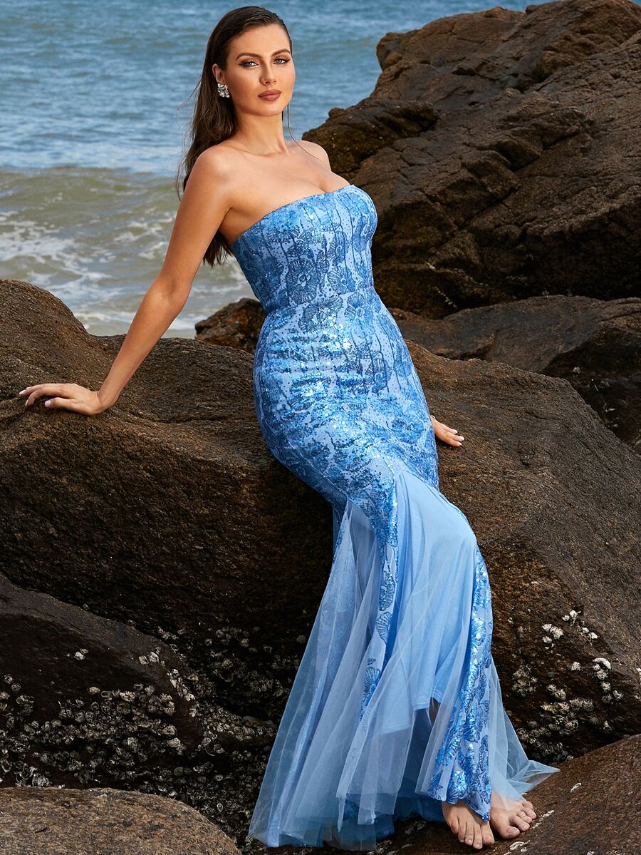 Missord Vestido tubo con patrón floral con lentejuelas con malla - Azul - Ver 1