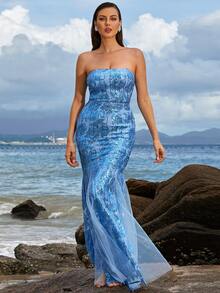 Missord Vestido tubo con patrón floral con lentejuelas con malla - Azul - Ver 7