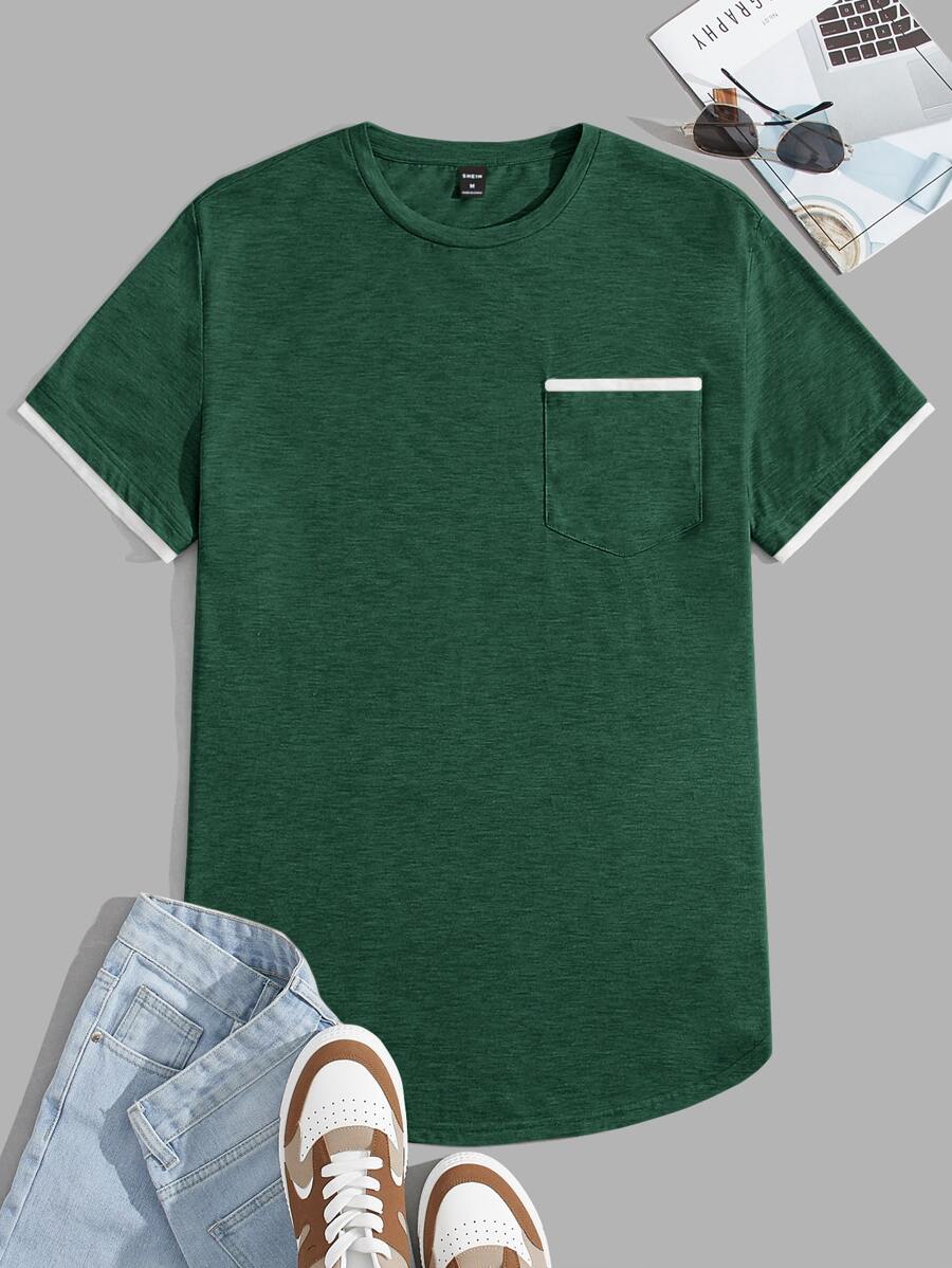 GENTILAND Men Pocket Front Curved Hem Tee - Green - View 1