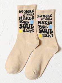 Slogan Graphic Crew Socks - Apricot - View 1