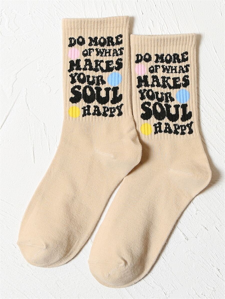 Slogan Graphic Crew Socks - Apricot - View 1