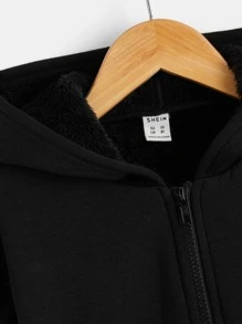 Tween Boy Solid Color Long Sleeve Zip-Up Hooded Fleece Jacket - Black - View 3