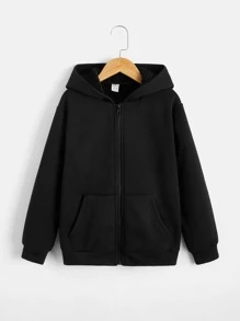 Tween Boy Solid Color Long Sleeve Zip-Up Hooded Fleece Jacket - Black - View 4