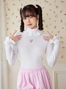 ROMWE Kawaii Solid Ruffle Hem Heart Cut Out Sweater - White - View 1