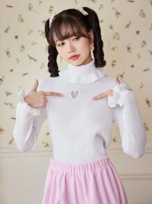 ROMWE Kawaii Solid Ruffle Hem Heart Cut Out Sweater - White - View 4