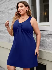 SHEIN VCAY 大碼素色褶邊洋裝 - 藏蓝色 - 查看 4