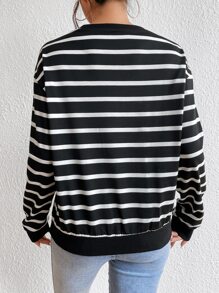 SHEIN Frenchy Striped Print Heart Embroidery Drop Shoulder Sweatshirt - Black - View 2