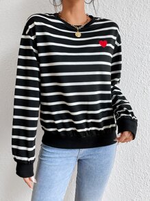 SHEIN Frenchy Striped Print Heart Embroidery Drop Shoulder Sweatshirt - Black - View 4