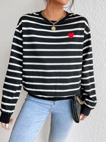 SHEIN Frenchy Striped Print Heart Embroidery Drop Shoulder Sweatshirt - Black - View 5