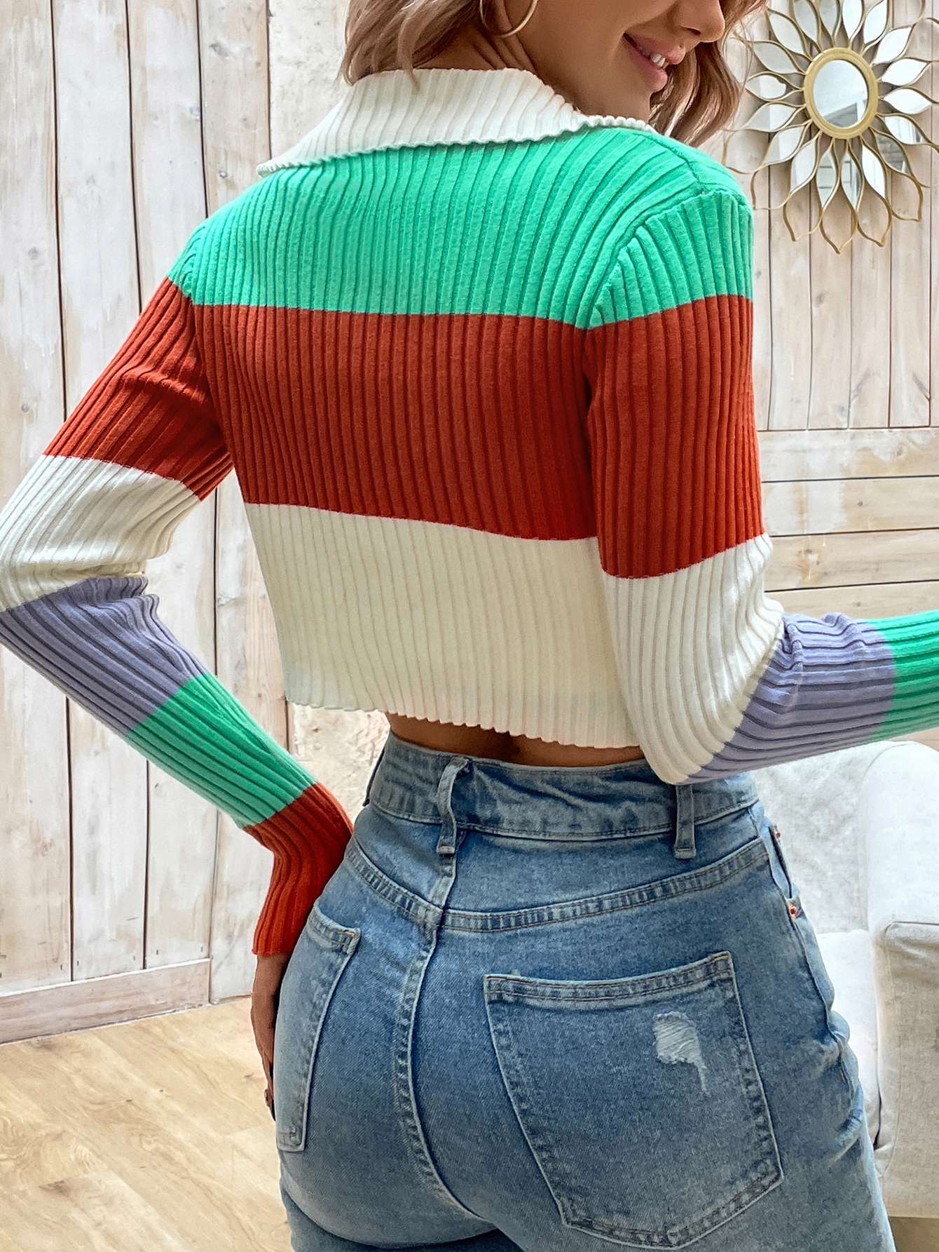 SHEIN EZwear Colorblock Ribbed Knit Cardigan SHEIN USA