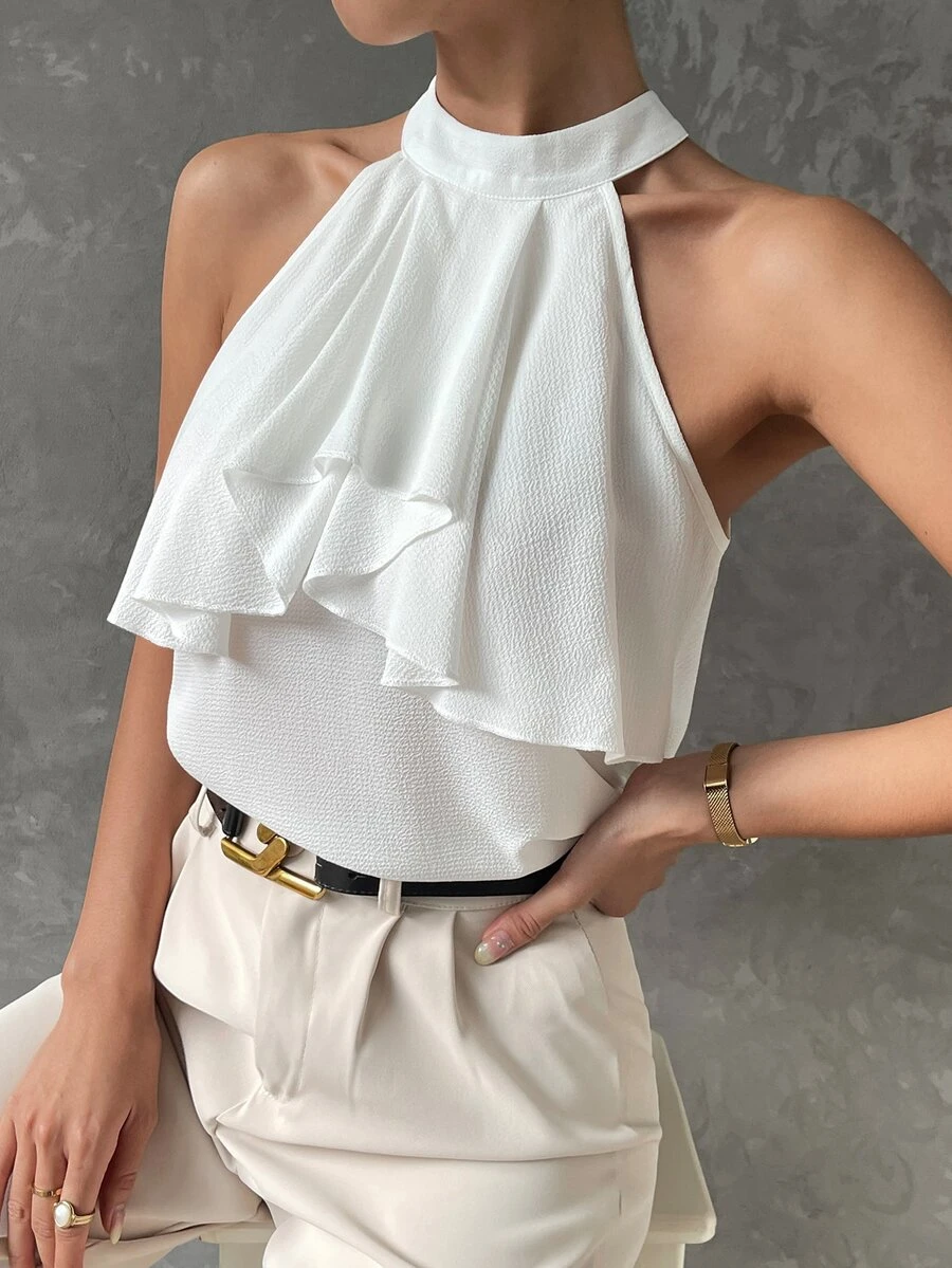 Top halter unicolor ribete con fruncido - Blanco - Ver 1