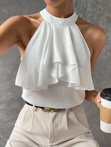 Top halter unicolor ribete con fruncido - Blanco - Ver 3