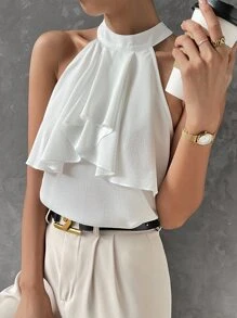 Top halter unicolor ribete con fruncido - Blanco - Ver 5