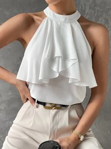 Top halter unicolor ribete con fruncido - Blanco - Ver 6