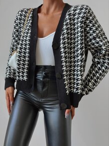EURMUSE Houndstooth Pattern Drop Shoulder Cardigan - Black and White - View 5