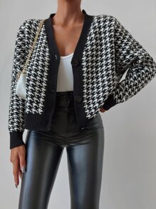 EURMUSE Houndstooth Pattern Drop Shoulder Cardigan - Black and White - View 6