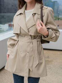 DAZY 肩章設計馬甲袖雙排釦系帶風衣 - 卡其色 - 查看 6