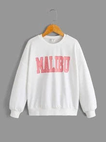 SHEIN 女童寬鬆休閒長袖運動衫，有字母圖案和落肩設計 - 白色 - 查看 1